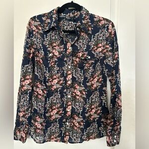Lucky Brand Boho Navy Floral Button Down Shirt.   Size S